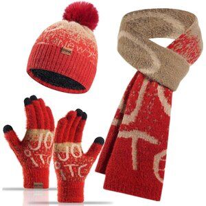 Women's Wine Red Winter Warm Skull Caps Knit Gloves Beanie Neck Scarves 3 Set